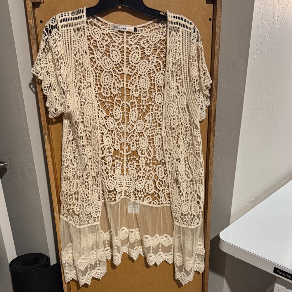 Cream Crochet Open-Front Cardigan